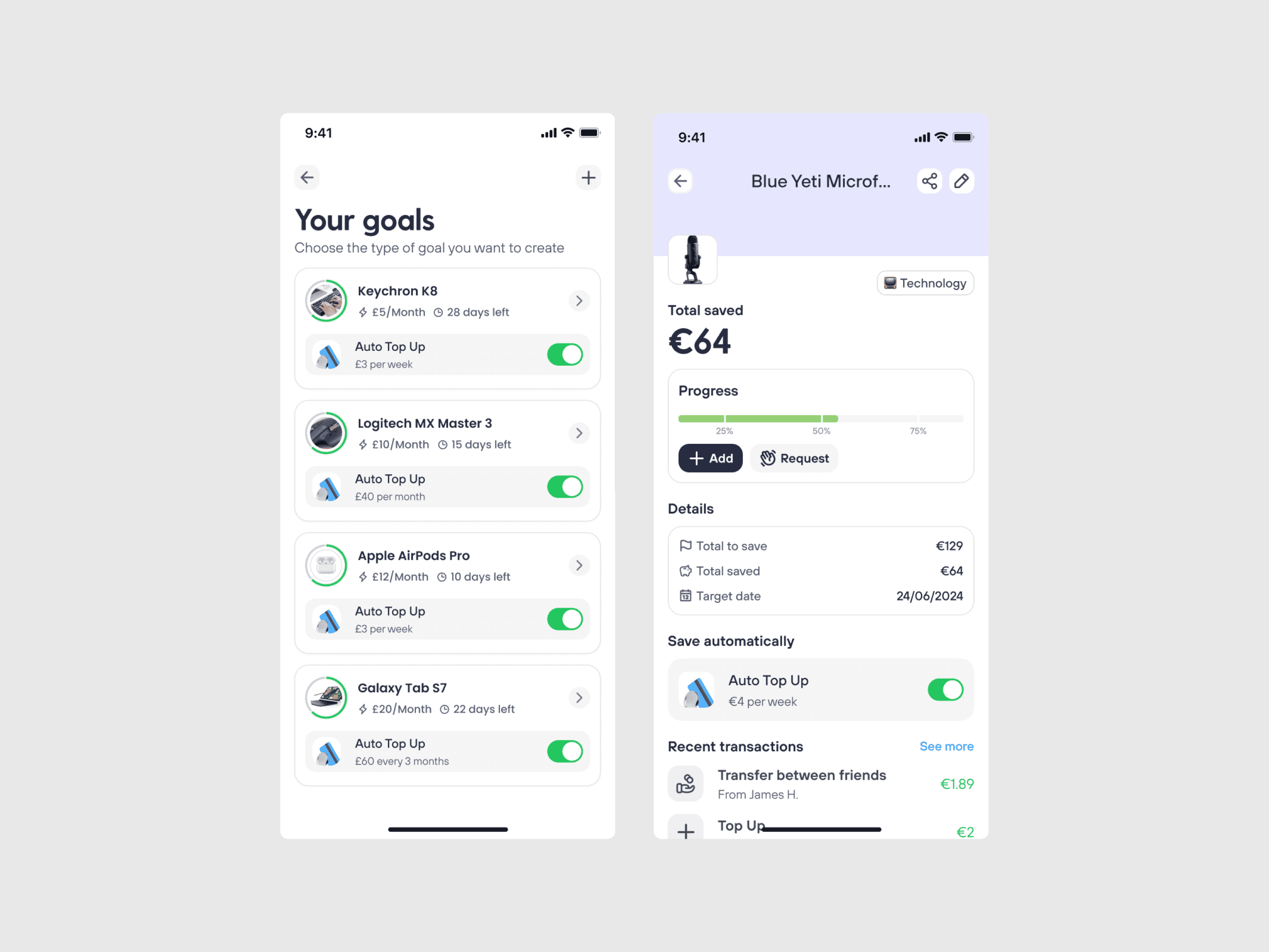 Goin account and bank connection screens