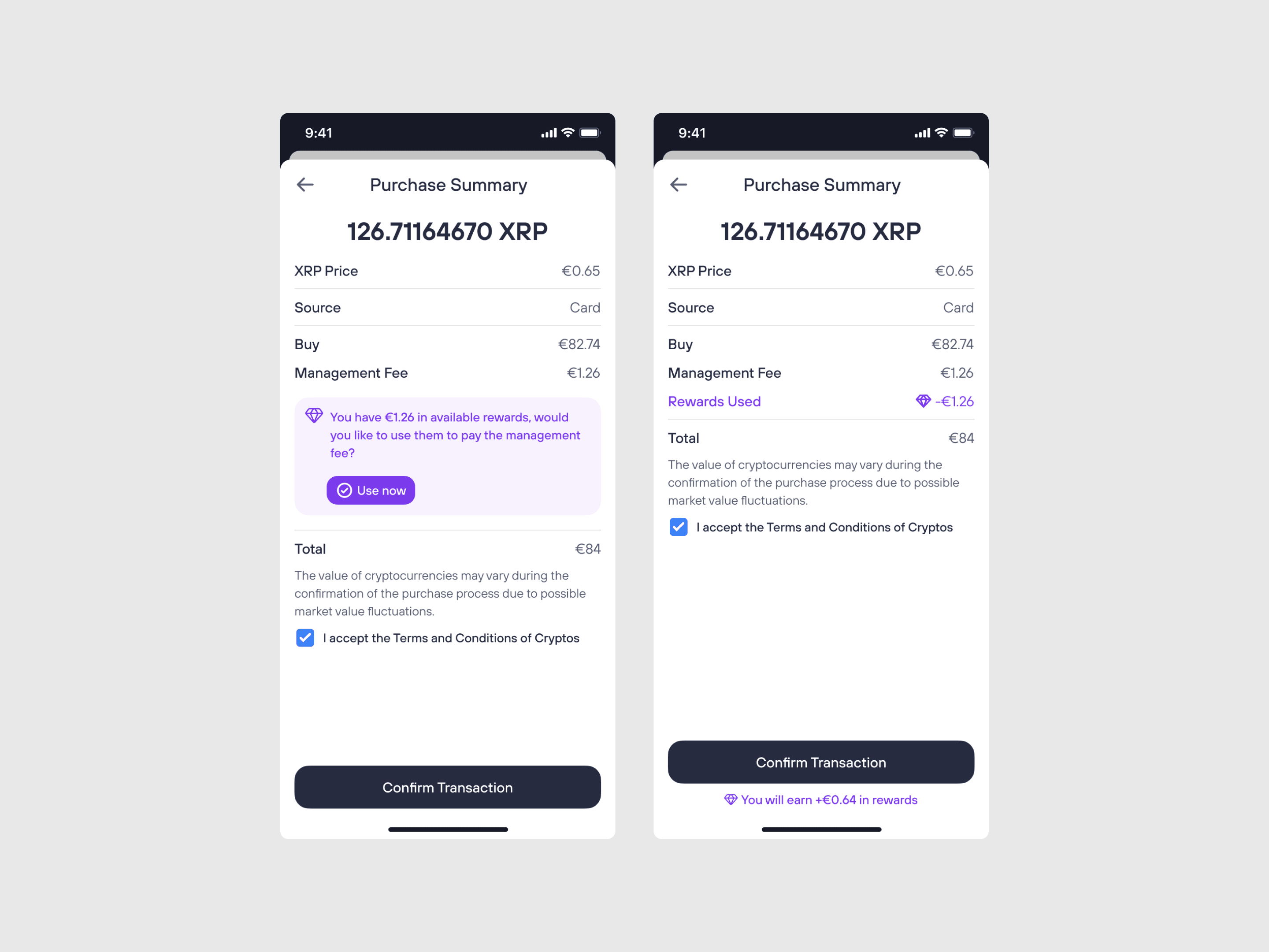 Purchase summary and investment confirmation screens