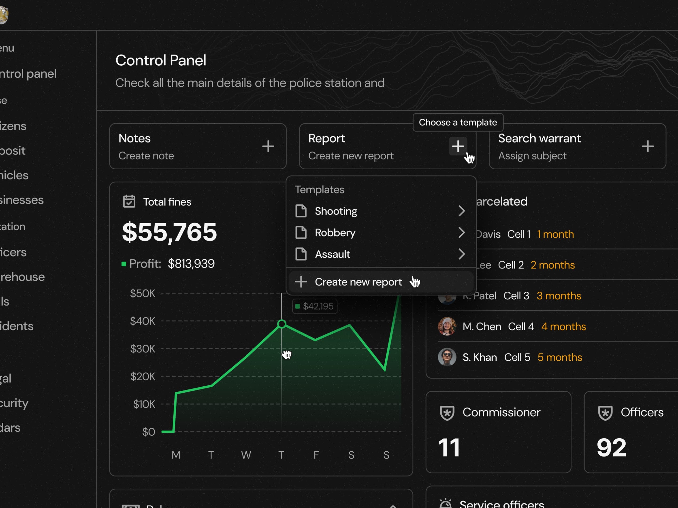Quick-create menu for opening a new report